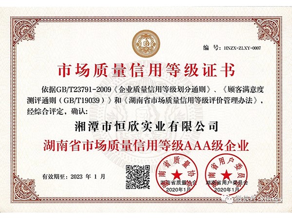 市场质量信用等级证书