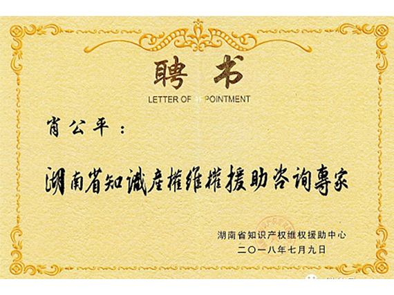 【湘潭恒欣】董事长被省知识产权局聘为维权专家