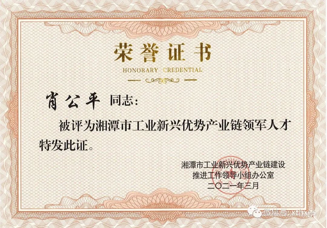 【湘潭恒欣】董事长肖公平被评为湘潭市工业新兴优势产业链领军人才